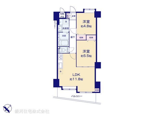 G00399545 東京都北区赤羽１丁目 中古マンション 6780万円 専有面積50.86m² (約15.38坪) 間取り２ＬＤＫ 所在階5階 築年月1998年01月(築28年)【間取図】